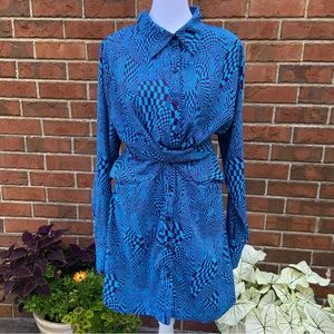 Abstract Checker + Stripe Pattern Dress Long Sleeve Blue Purple Print/Pattern